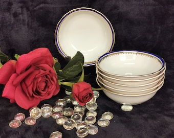 Set of 6 Vintage Favolina Polish Gold White and Blue Fine China Porcelain Made in Poland Dessert Bowls