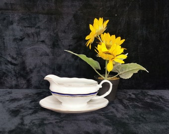 Vintage Favolina Polish Porcelain Gravy Boat: Gold, White & Blue China