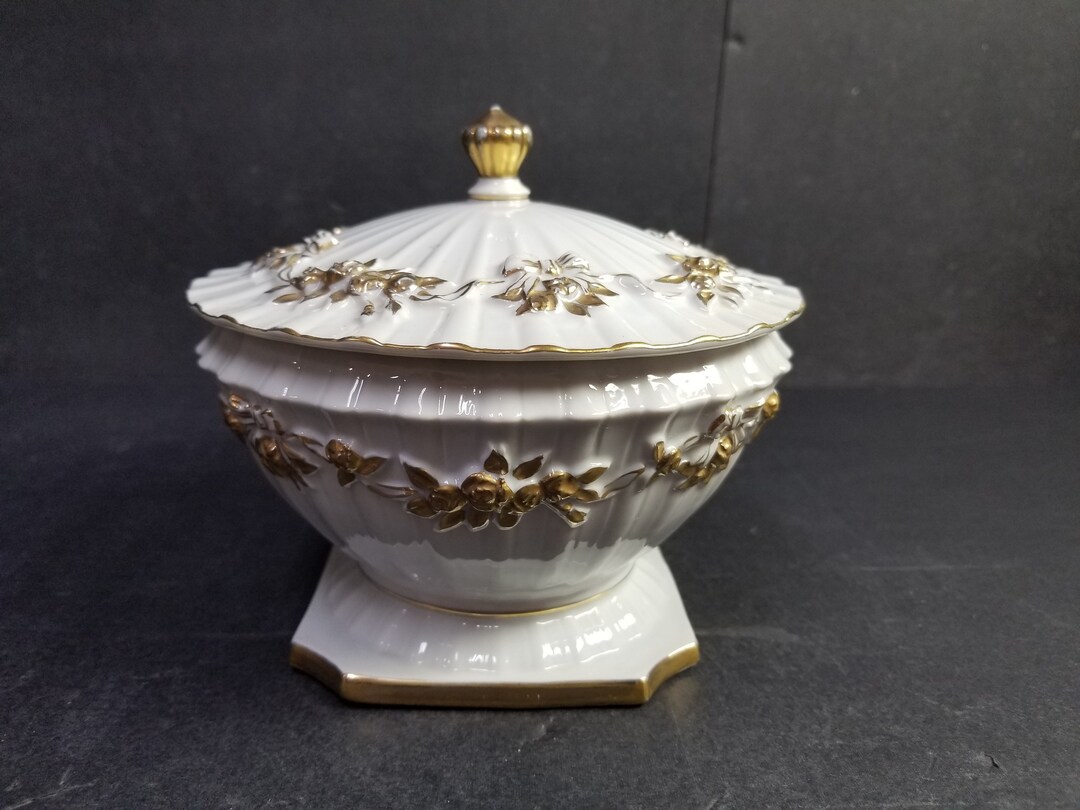 Vintage Ceramic Candy Box: White and Gold Floral Lidded Dish, Made in ...