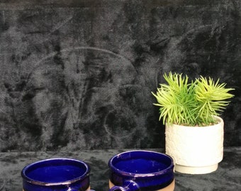 Set of 2 Vintage Mid Century Beauceware Beauce Ceramic Cartier Pottery Cobalt Blue and Brown Onion Soup Bowls