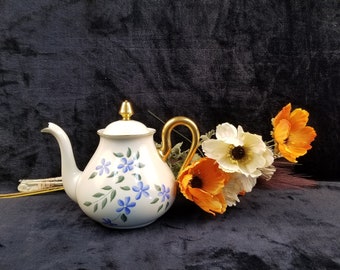 Vintage Limoges Hand Painted Teapot Blue Flowers Pattern With Golden Handle Rare