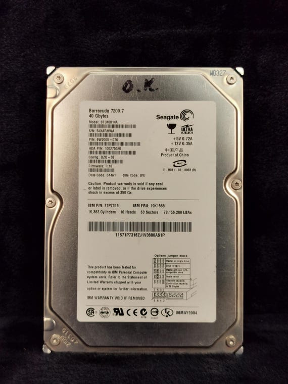 Vintage Seagate Barracuda 7200.7 40GB Hard Drive Model ST340014A