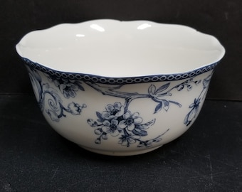 222 Fifth Adelaide Blue & White Fine China Bird Floral Deep Round Cereal Bowl