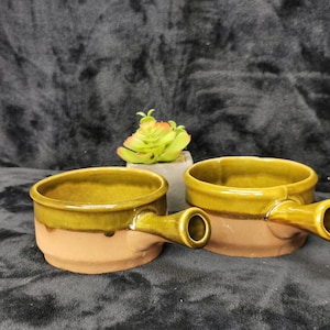 Set of 2 Vintage Mid Century Beauceware Beauce Ceramic Cartier Pottery Green and Brown Onion Soup Bowls
