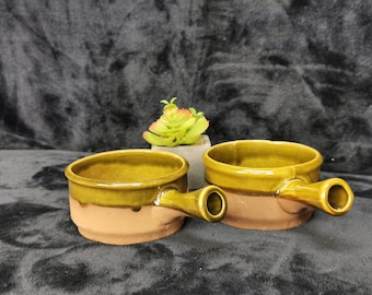 Set of 2 Vintage Mid Century Beauceware Beauce Ceramic Cartier Pottery Green and Brown Onion Soup Bowls