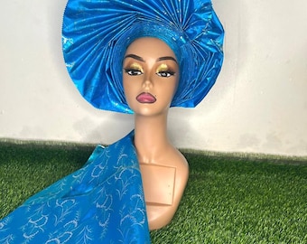 Sky blue Auto gele with ipele