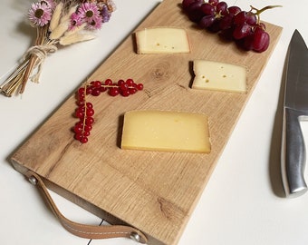 Magnifique Planche à découper en bois chêne massif vernis & poignée cuir plateau présentation plat café apero apéritif fromages décoration