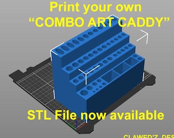 May include: A 3D model of a blue plastic storage caddy with multiple compartments for organizing art supplies. The text "Print your own "COMBO ART CADDY" is displayed above the model. The text "STL File now available" is displayed below the model.