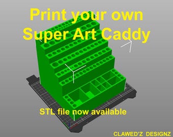 May include: A 3D printed green art caddy with multiple compartments for storing art supplies. The caddy is designed to be printed on a 3D printer and is available as an STL file. The text "Print your own Super Art Caddy" and "STL file now available" is visible in the image.