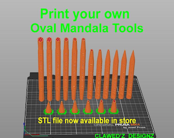 May include: A set of 16 orange oval mandala tools, printed on a black and white grid surface. The tools are arranged in order of size, with the largest tool at the top and the smallest tool at the bottom. The text "Print your own Oval Mandala Tools" is at the top of the image. The text "STL file now available in store ORIGINAL PRUSA MK4 by Josef Prusa CLAWED'Z DESIGNZ" is at the bottom of the image.