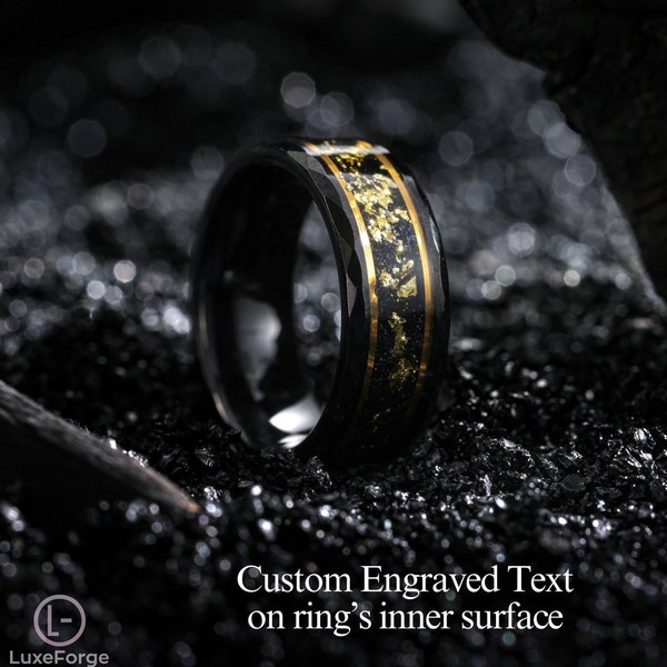 Alliance pour homme personnalisée, météorite de Damas et feuille d'or broyée, bague de promesse de fiançailles anniversaire cosmos pour lui, cadeau mari