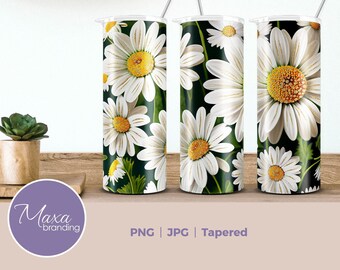 May include: Three white tapered tumblers with a daisy floral pattern on a dark green background. The tumblers are on a wooden surface. PNG | JPG | Tapered