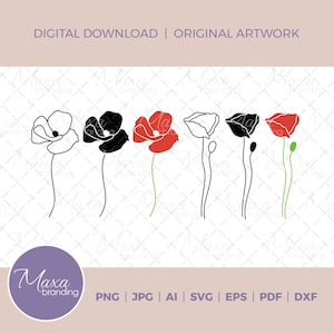 Clipart de fleurs de pavot en svg, png, dxf, jpg, pdf, ai, eps. Fleur simple. Téléchargement numérique pour Cricut, Silhouette, Glowforge, Sublimation