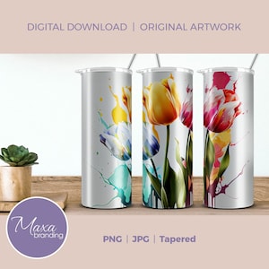 Tulpenblumen dünne 20oz dünner Becher. Tulpen Blumen Sublimationsdruck. Blumen Tumbler-Wrap. Tulpen Becher png Wrap. Tuschemalerei