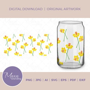 May include: A digital download of a graphic design featuring a pattern of yellow daffodils with orange centers on a white background. The design is shown on a clear glass can.