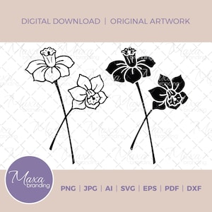 May include: Black and white silhouette of three daffodils with stems crossing each other. The flowers are stylized and have a simple design.