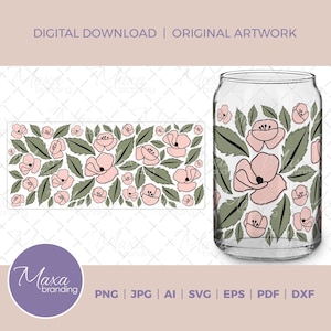 16 oz Libbey verre peut avec fleurs de pavot clipart svg. Fleur de coquelicot blush mat. Fleur simple pour Cricut. Fleurs de coquelicot Sublimation pour canettes