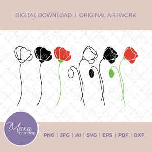 Clipart de fleurs de pavot en svg, png, dxf, jpg, pdf, ai, eps. Fleur simple. Téléchargement numérique pour Cricut, Silhouette, Glowforge, Sublimation