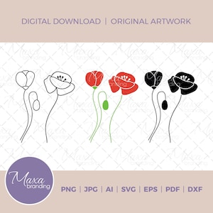 Clipart de fleurs de pavot en svg, png, dxf, jpg, pdf, ai, eps. Fleur simple. Téléchargement numérique pour Cricut, Silhouette, Glowforge, Sublimation