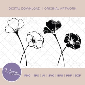 Clipart de fleurs de pavot en svg, png, dxf, jpg, pdf, ai, eps. Fleur simple. Téléchargement numérique pour Cricut, Silhouette, Glowforge, Sublimation