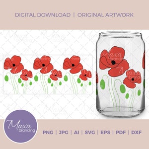 16oz Libbey Glass Can avec des cliparts de fleurs de pavot en svg png dxf jpg pdf ai eps. Fleur simple pour Cricut. Fleurs de coquelicot Sublimation pour canettes