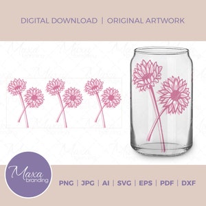 May include: Digital download of a pink flower design. The design is shown on a white background and on a clear glass can. The design is available in PNG, JPG, AI, SVG, EPS, PDF, and DXF formats.