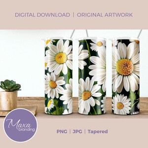 Envoltura de vaso flaco de 20 oz de flores de margarita. Margarita blanca con envoltura de vaso de sublimación dorada. Envoltura de vaso de flores. Vaso de margaritas. vaso blanco
