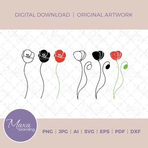 Clipart de fleurs de pavot en svg, png, dxf, jpg, pdf, ai, eps. Fleur simple. Téléchargement numérique pour Cricut, Silhouette, Glowforge, Sublimation