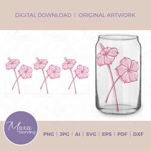 May include: Digital download of a pink hibiscus flower design. The design is shown on a clear glass can and as a repeating pattern of four flowers.