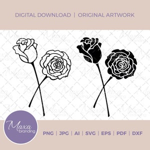 Rose Flowers clipart in svg, png, dxf, jpg, pdf, ai, eps. Simple flower. Rose design vector for Cricut, Silhouette, Glowforge, Sublimation