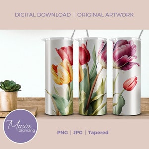 Papier d'emballage mince de fleurs de tulipes à l'aquarelle de 20 oz. Emballage pour verre à sublimation tulipes. Emballage de verre à fleurs. Emballage png de gobelet tulipes. Aquarelle