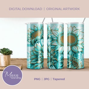 Turquoise Gold Sunflowers Tumbler Wrap: 20oz Skinny Sublimation (Digital Download)