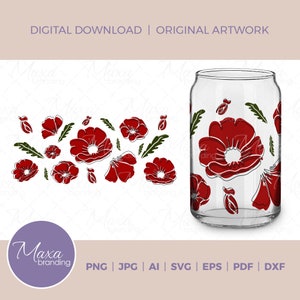 16oz Libbey Glass Can avec des cliparts de fleurs de pavot en svg png dxf jpg pdf ai eps. Fleur simple pour Cricut. Fleurs de coquelicot Sublimation pour canettes