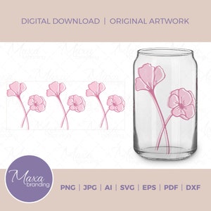 16oz Libbey Glass Can avec des cliparts de fleurs de pavot en svg png dxf jpg pdf ai eps. Fleur simple pour Cricut. Fleurs de coquelicot rose Sublimation
