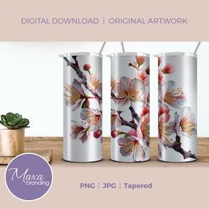 Cherry Blossoms 20oz Skinny Tumbler Wrap. Kirschblüten Gold Sublimation Becher Wrap. Blumenbecher wickeln. Sakura Becher. Weißer Becher