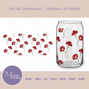 16oz Libbey Glass Can avec des cliparts de fleurs de pavot en svg png dxf jpg pdf ai eps. Fleur simple pour Cricut. Fleurs de coquelicot Sublimation pour canettes
