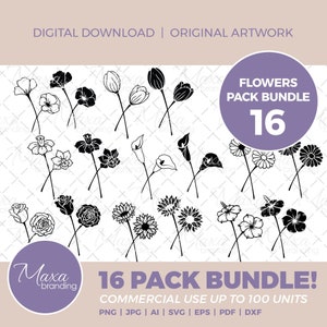Bundle de clipart fleurs en svg png dxf jpg pdf ai eps. Lot de fleurs pour Cricut Silhouette Glowforge Sublimation. Coquelicot Rose Lys Tulipe svg