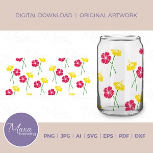 May include: A digital download of a design featuring a pattern of yellow and pink hibiscus flowers on a white background. The design is shown on a clear glass can.