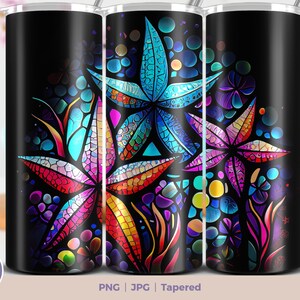 Starfish Stained Glass 20 oz Skinny Tumbler Sublimation Design, Instant Digital Download PNG, Straight & Tapered Tumbler Wrap PNG. Colorful