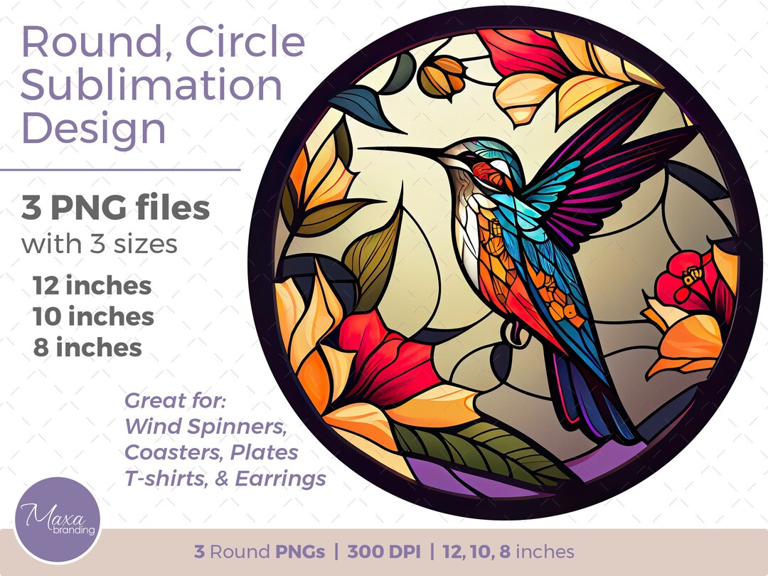 Hummingbird Stained Glass Round Sublimation Design. Colorful Nature