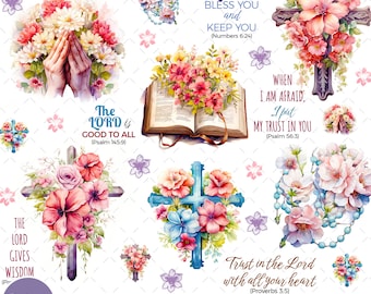 Envoltura cristiana para vasos: Afirmaciones con versículos bíblicos y cruz floral (PNG digital)