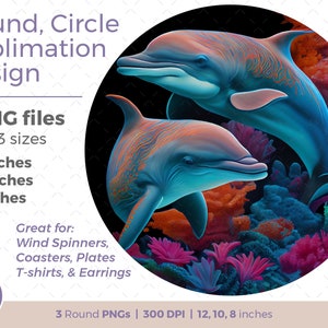 Delfin Glasmalerei Runde Sublimation Design. Bunter Nautischer Ozean PNG für Spinner, Untersetzer, Ohrringe, T-Shirt. Spinner Design Clipart
