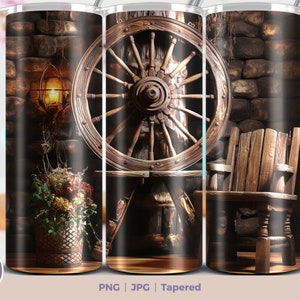 Vieux Spinning Wheel 20oz Skinny Tumbler Sublimation Téléchargement numérique PNG Straight & Tapered Tumbler Wrap PNG. Emballage de style campagnard marron