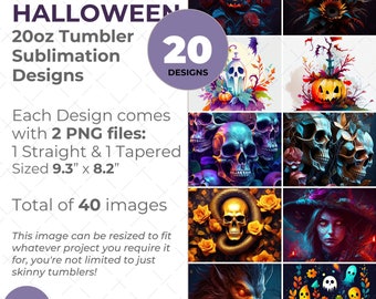 May include: A set of 20 Halloween-themed sublimation designs for 20oz tumblers. Each design comes with two PNG files: one straight and one tapered, sized 9.3 inches by 8.2 inches. The designs feature skulls, pumpkins, ghosts, and other spooky imagery.