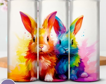 Rainbow Bunnies Tumbler Wrap: 20oz Skinny Sublimation Design (PNG, JPG)