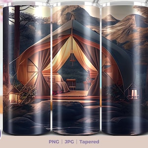 Tienda de campaña Diseño de sublimación de vaso flaco de 20 oz, descarga digital instantánea PNG, envoltura de vaso recto y cónico PNG. Envoltura de camping para senderismo