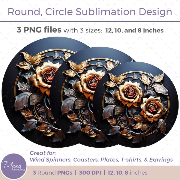 3D Roses Round Sublimation Design. Metal floral PNG for spinner, coaster, earrings, t-shirt. 3D Round floral Spinner Design clipart PNG