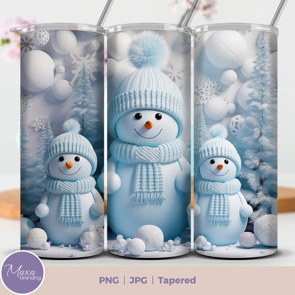 3D Blue Christmas Tumbler Wrap Sublimation Design, Cute Snowman 20oz Skinny Tumbler, Digital Download Straight & Tapered Tumbler Wrap PNG.