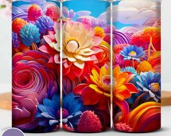 May include: A colorful sublimation design featuring a close-up of a variety of flowers with a blue sky background. The flowers are in shades of pink, red, orange, yellow, blue, and purple. The design is perfect for a tumbler or other sublimation projects.