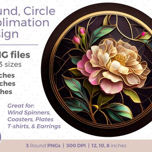 May include: A round sublimation design featuring a white flower with pink edges, surrounded by gold and green leaves on a black background. The design is perfect for creating custom items like coasters, wind spinners, and t-shirts. 3 PNG files are included in sizes 12, 10, and 8 inches.